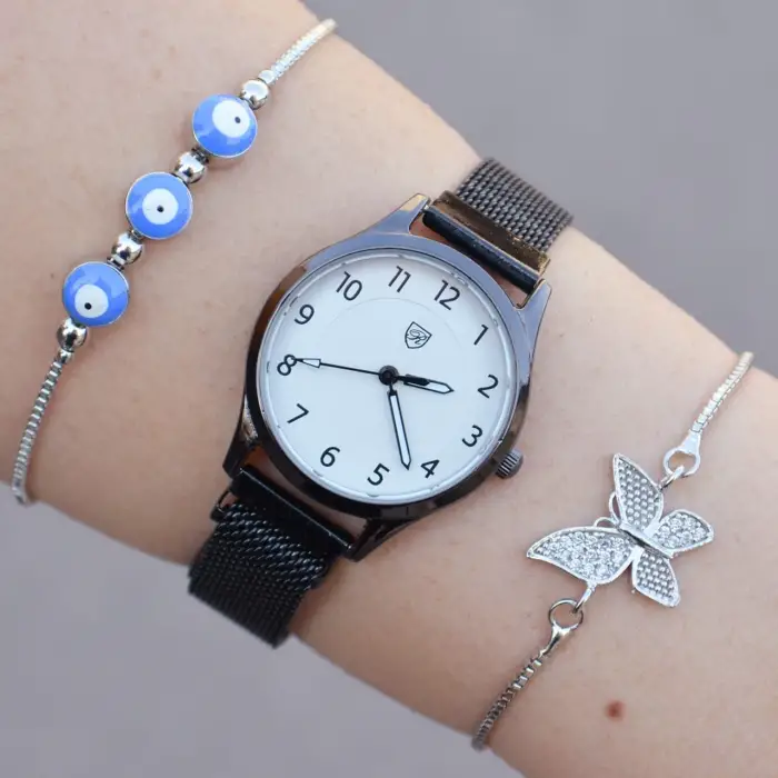 Rosegold Hasır Mıknatıslı Kordon Kadın Saat Kombini 1154