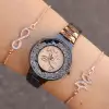 Taşlı Siyah Metal Kordon Kadın Saat Kombini 1077