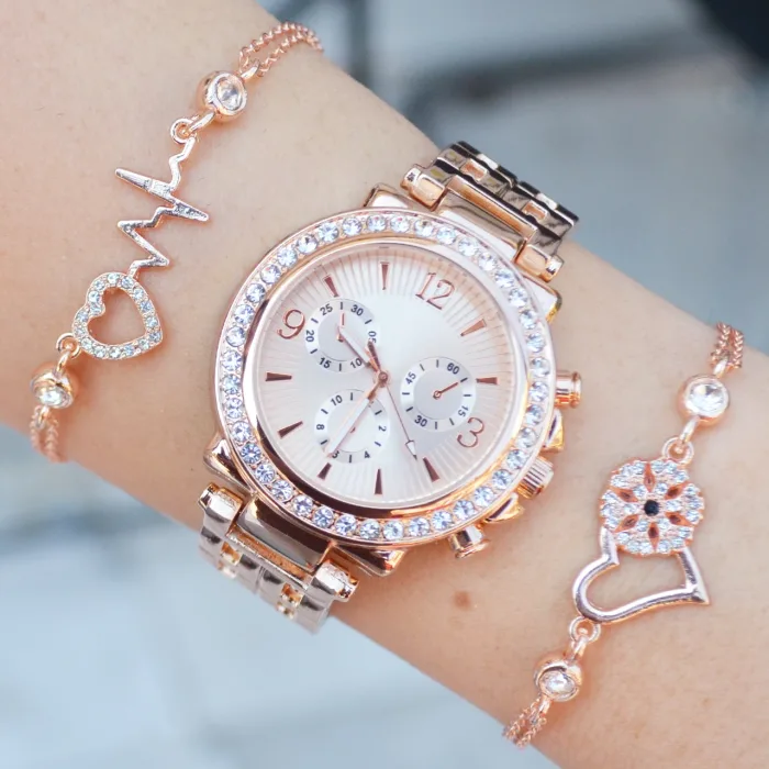 Rosegold Metal Kordon Taşlı Paşa Model Bileklikli Kadın Saat Kombini 8600