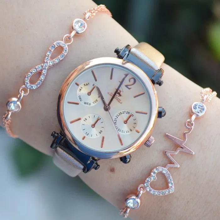 Rosegold Deri Kordon Kadın Saat Kombini 2428