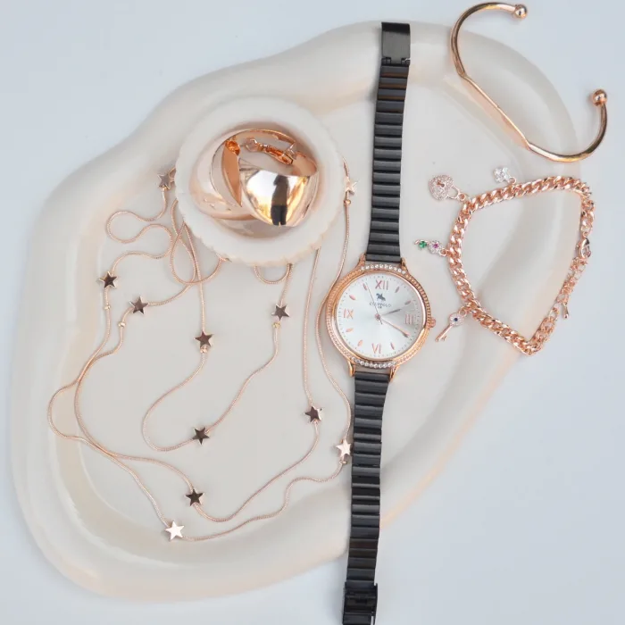 Rosegold Kolye Küpe Bileklik Saat Seti 3681