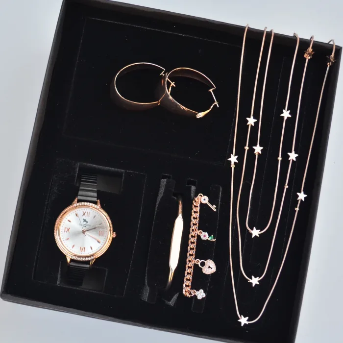 Rosegold Kolye Küpe Bileklik Saat Seti 3681