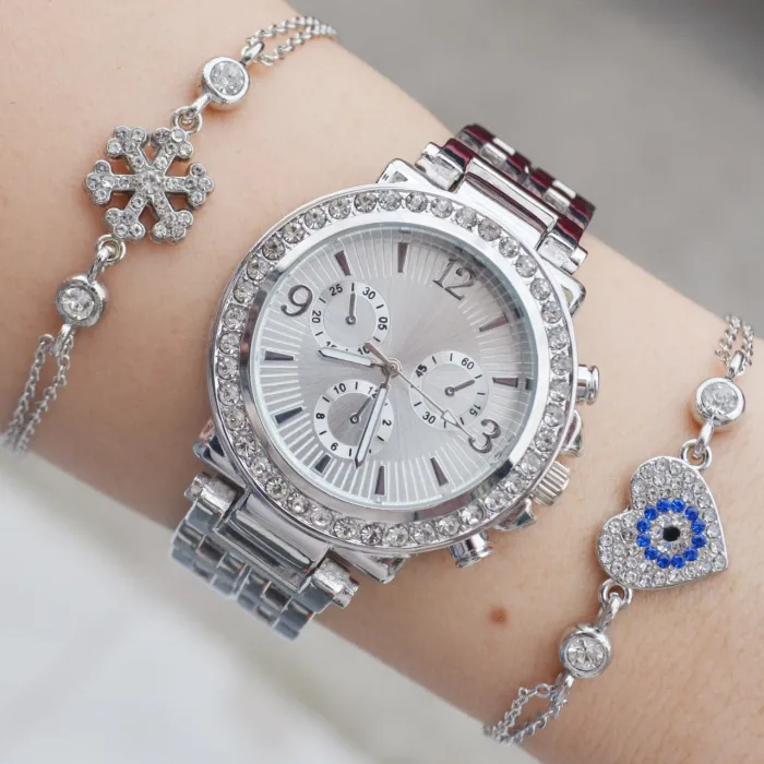 Silver Metal Kordon Taşlı Paşa Model Bileklikli Kadın Saat Kombini 8595