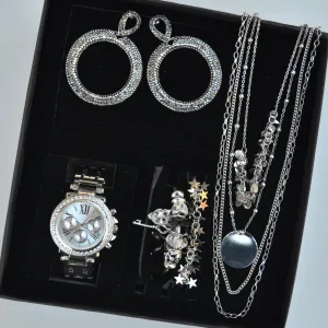 Silver Kolye Küpe Bileklik Saat Seti 3664