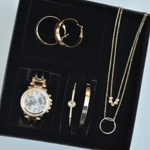 Gold Kolye Küpe Bileklik Saat Seti 3671