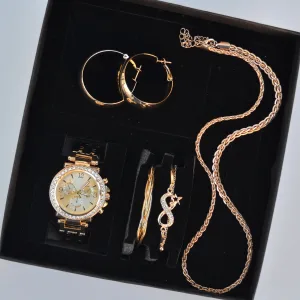Gold Kolye Küpe Bileklik Saat Seti 3667