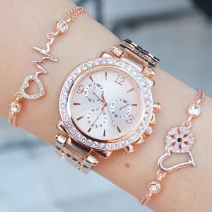 Rosegold Metal Kordon Taşlı Paşa Model Bileklikli Kadın Saat Kombini 8600
