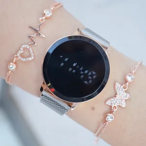 Silver Rose Hasır Mıknatıslı Kordon Dijital Kadın Saat Kombini 2542