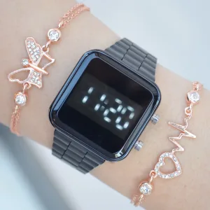 Siyah Metal Kordon Dijital Kadın Saat Kombini 2550