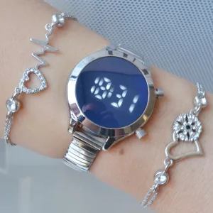 Silver Metal Kordon Dijital Kadın Saat Kombini 3271
