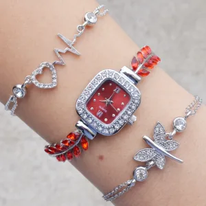 Kırmızı Zirkon Taşlı Silver Metal Kordon Kadın Saat Kombini 3352