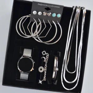 Silver Kolye Küpe Bileklik Saat Seti 3680