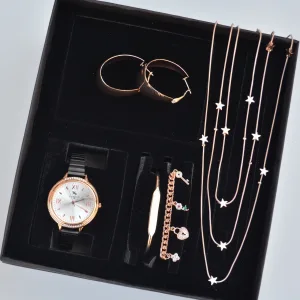Rosegold Kolye Küpe Bileklik Saat Seti 3681