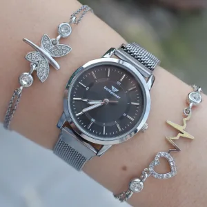 Silver Hasır Mıknatıslı Kordon Kadın Saat Kombini 3173