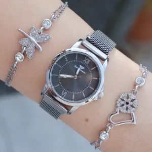 Silver Hasır Mıknatıslı Kordon Kadın Saat Kombini 3184