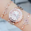 Rosegold Metal Kordon Taşlı Paşa Model Bileklikli Kadın Saat Kombini 8600