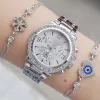 Silver Metal Kordon Taşlı Paşa Model Bileklikli Kadın Saat Kombini 8595