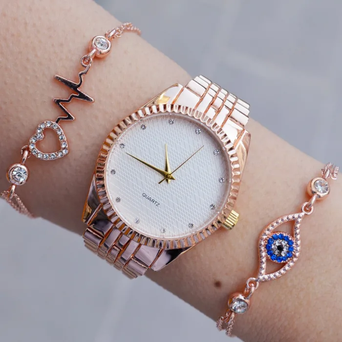 Rosegold Metal Kordon Kadın Saat Kombini 9223