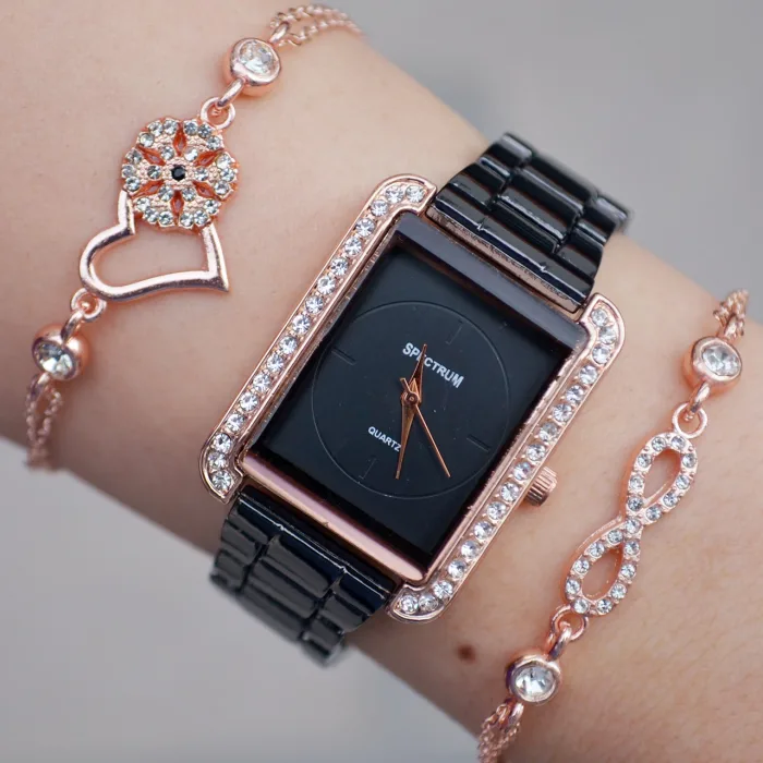 Siyah Rose Metal Kordon Taşlı Kadın Saat Kombini 9332