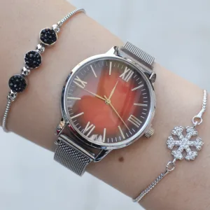 Silver Mıknatıslı Hasır Kordon Kadın Saat Kombini 1947