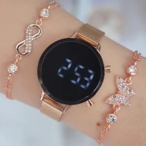 Rosegold Hasır Kordon Dijital Kadın Saat Kombini 2010