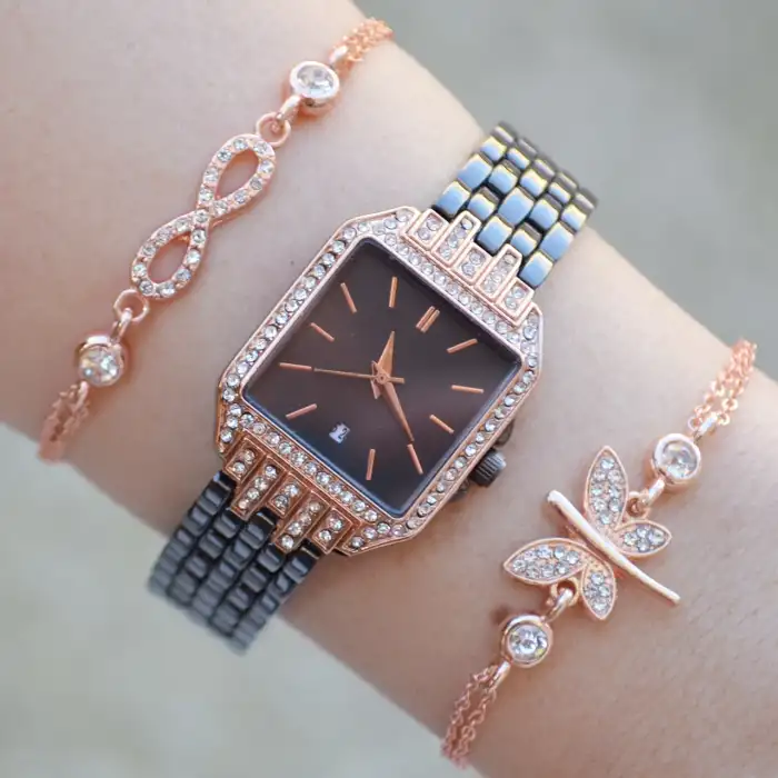 Siyah Rose Metal Kordon Taşlı Kadın Saat Kombini 2795