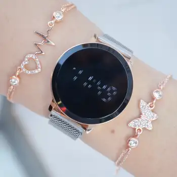 Silver Rose Hasır Mıknatıslı Kordon Dijital Kadın Saat Kombini 2542