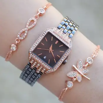 Siyah Rose Metal Kordon Taşlı Kadın Saat Kombini 2795
