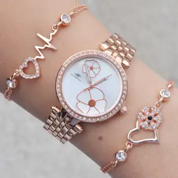 Rosegold Metal Kordon Kadın Saat Kombini 3343