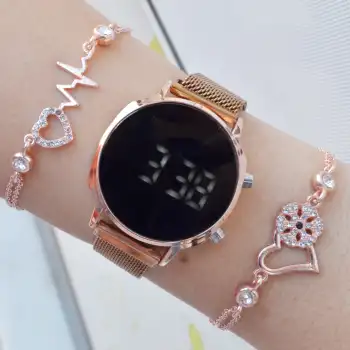 Rosegold Hasır Kordon Dijital Kadın Saat Kombini 3380
