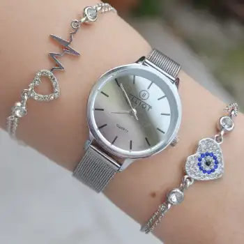 Silver Hasır Kordon Kadın Saat Kombini 2167