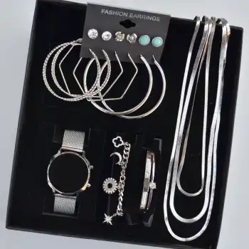 Silver Kolye Küpe Bileklik Saat Seti 3680