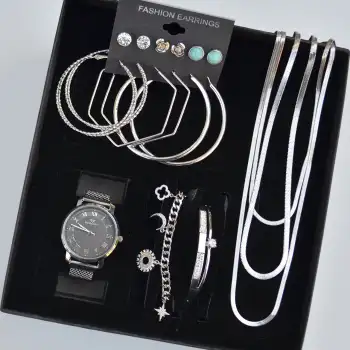 Silver Kolye Küpe Bileklik Saat Seti 3682