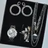 Silver Kolye Küpe Bileklik Saat Seti 3664