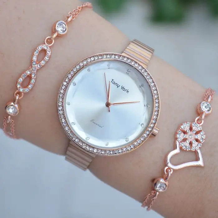 Rosegold Metal Kordon Kadın Saat Kombini 1509