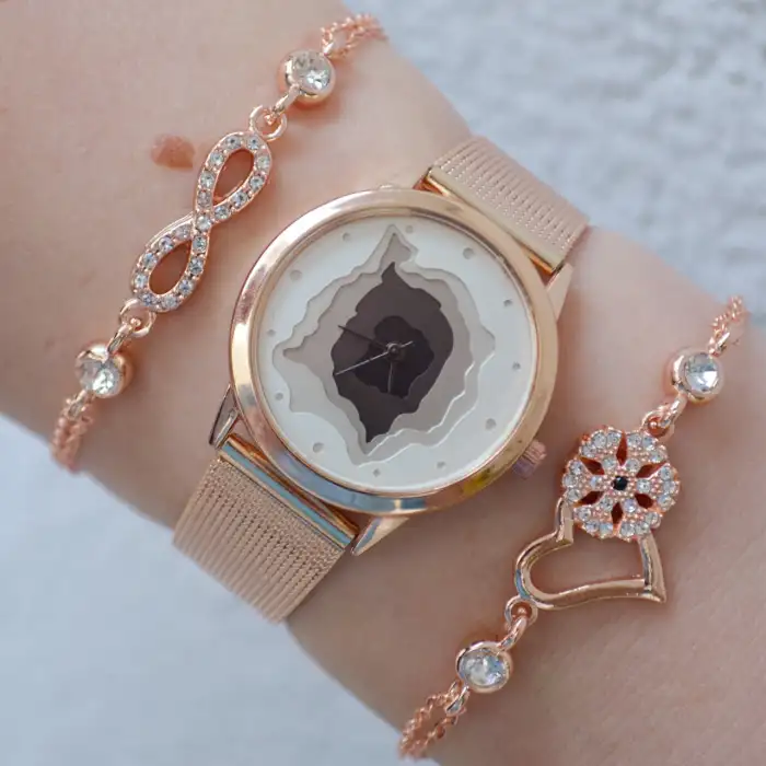 Rosegold Hasır Kordon Kadın Saat Kombini 8043