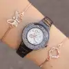 Taşlı Siyah Metal Kordon Kadın Saat Kombini 1076