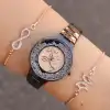 Taşlı Siyah Metal Kordon Kadın Saat Kombini 1077