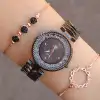 Taşlı Siyah Metal Kordon Kadın Saat Kombini 1078