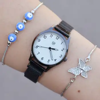 Rosegold Hasır Mıknatıslı Kordon Kadın Saat Kombini 1154