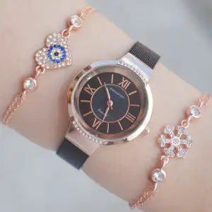 Siyah Rose Hasır Kordon Kadın Saat Kombini 1484