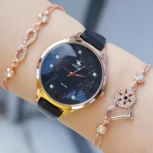 Siyah Deri Kordon Kadın Saat Kombini 2281