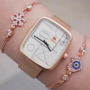 Rosegold Hasır Kordon Kadın Saat Kombini 8802