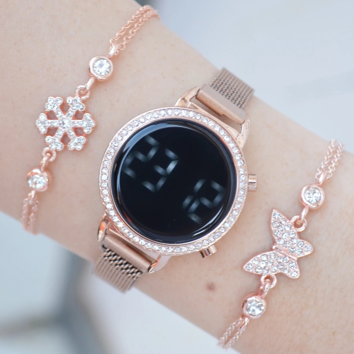 Rosegold Hasır Mıknatıslı Kordon Dijital Kadın Saat Kombini 2549