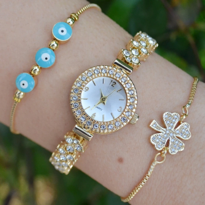 Gold Metal Kordon Kadın Saat Kombini 3430