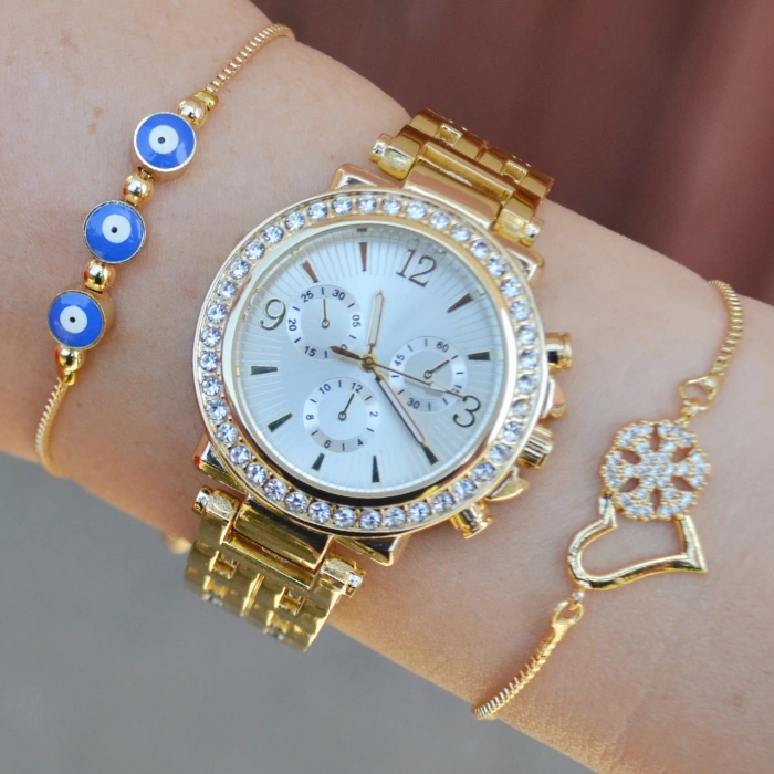 Gold Metal Kordon Taşlı Paşa Model Lüx Bileklikli Kadın Saat Kombini 3450