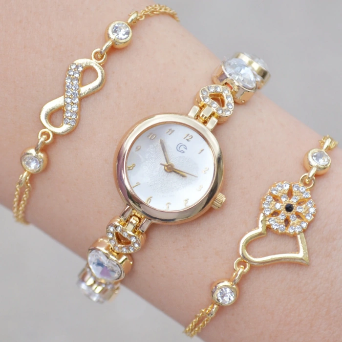 Gold Taşlı Metal Kordon Kadın Saat Kombini 3606