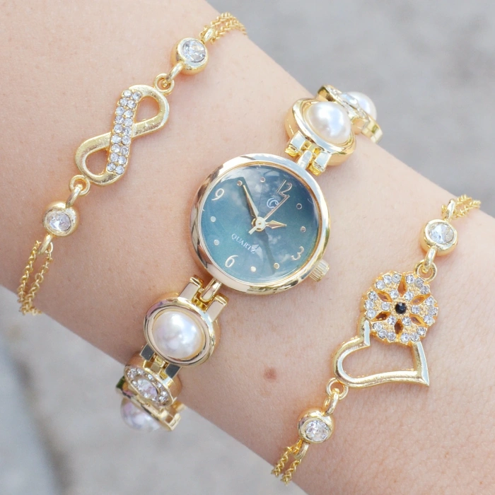 Gold Metal Kordon Kadın Saat Kombini 3607