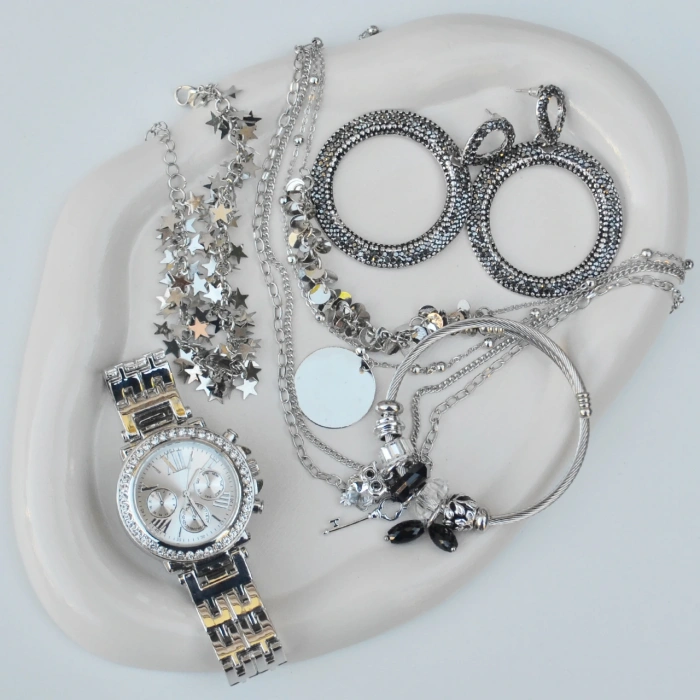 Silver Metal Kordon Küpe Kolye Bileklik Seti 3664