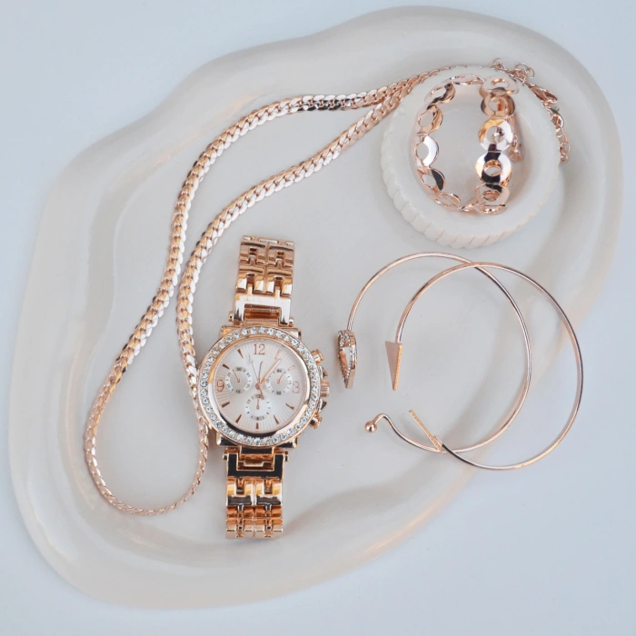 Rose Metal Kordon Küpe Kolye Bileklik Seti 3665